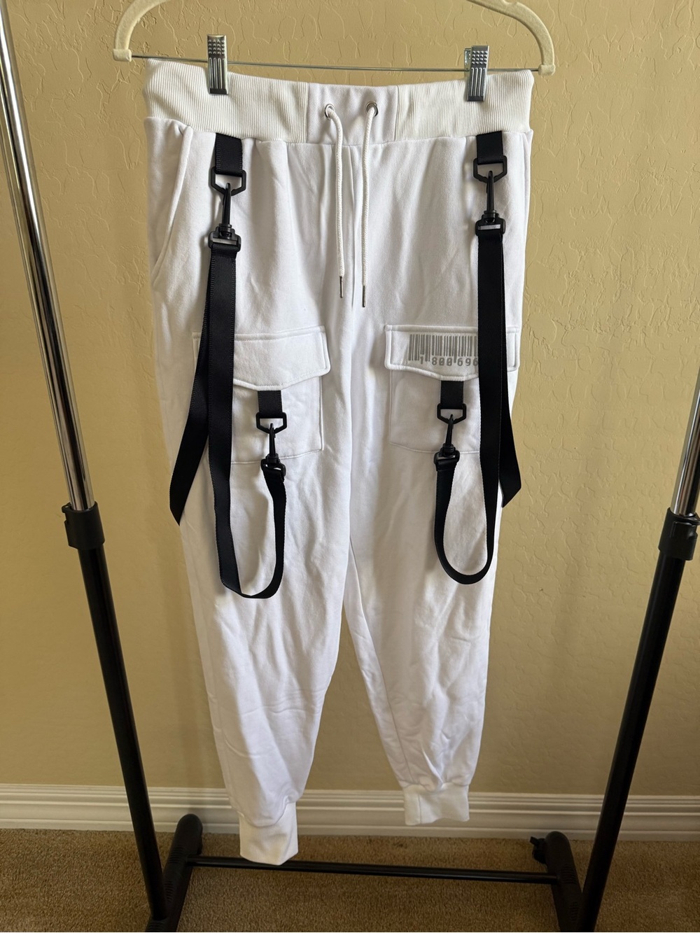 White Cargo Joggers with Black Strap Accents